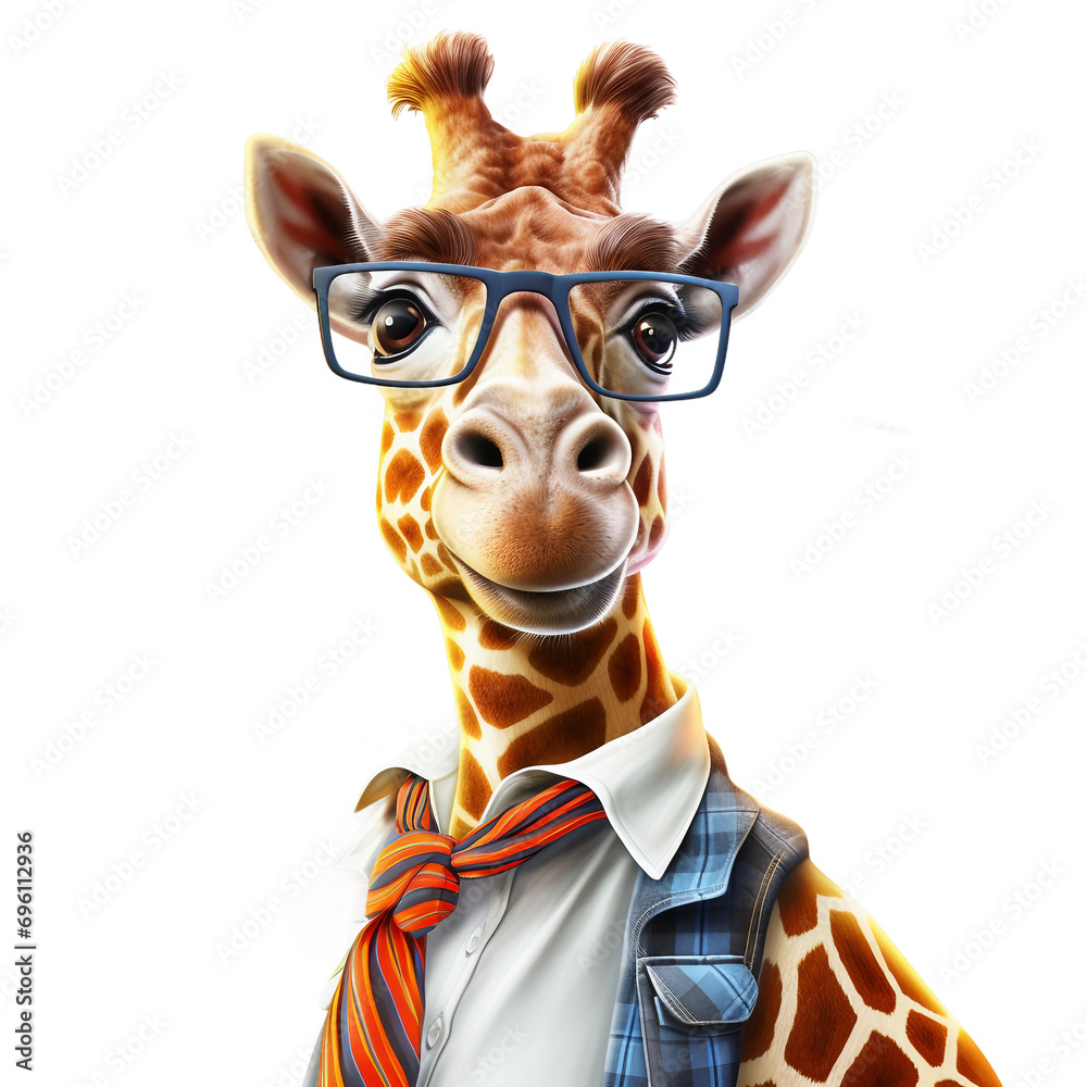 Giraffe teacher in the classroom, clear image, hyper-realistic, bright colourful colours, illustration, png on white background