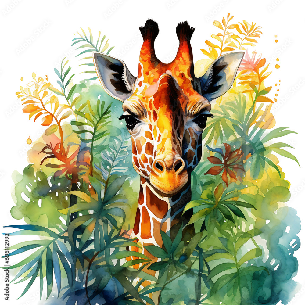 Fototapeta premium Research giraffe in the jungle, clear image, hyper-realistic, bright colourful saturated colours, watercolour, style on a white background, watercolor giraffe, isolated.