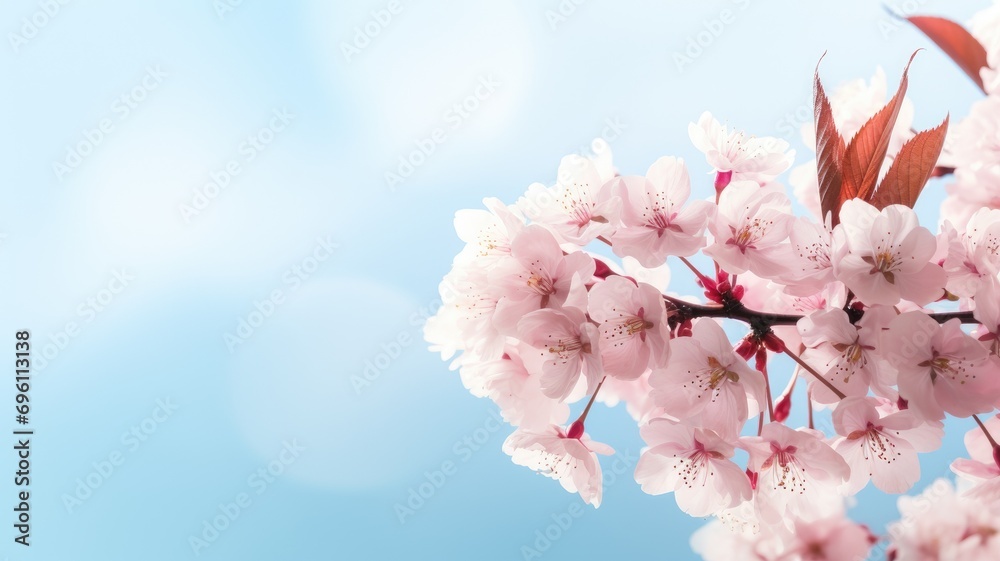 Fototapeta premium Cherry blossoms in full bloom against a soft blue sky