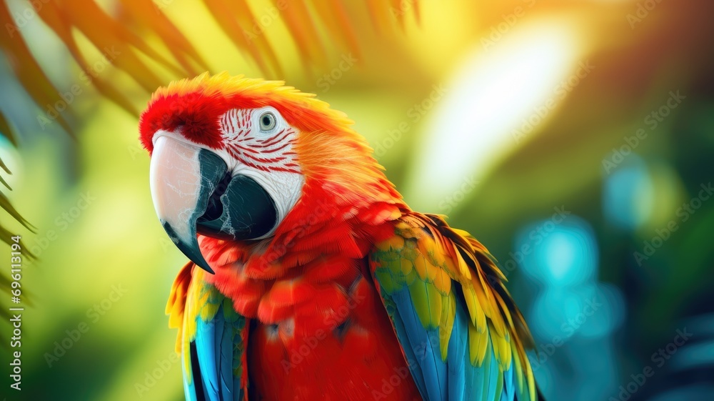 Vibrant scarlet macaw parrot with a colorful feathered background