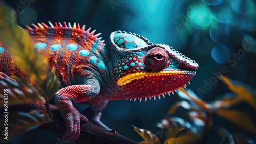 Colorful chameleon on a branch with a vivid blue background