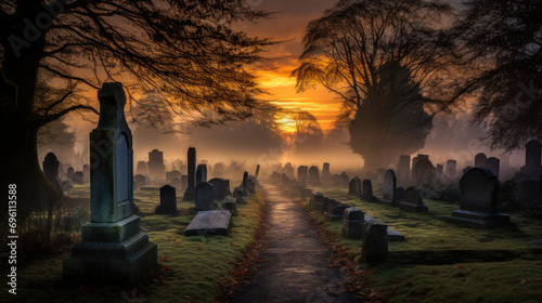 Cemetery, graveyard in the morning, sun shines through fog