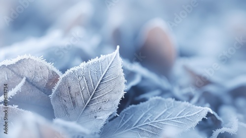 Close-up of frosted leaves showing intricate ice crystal formations