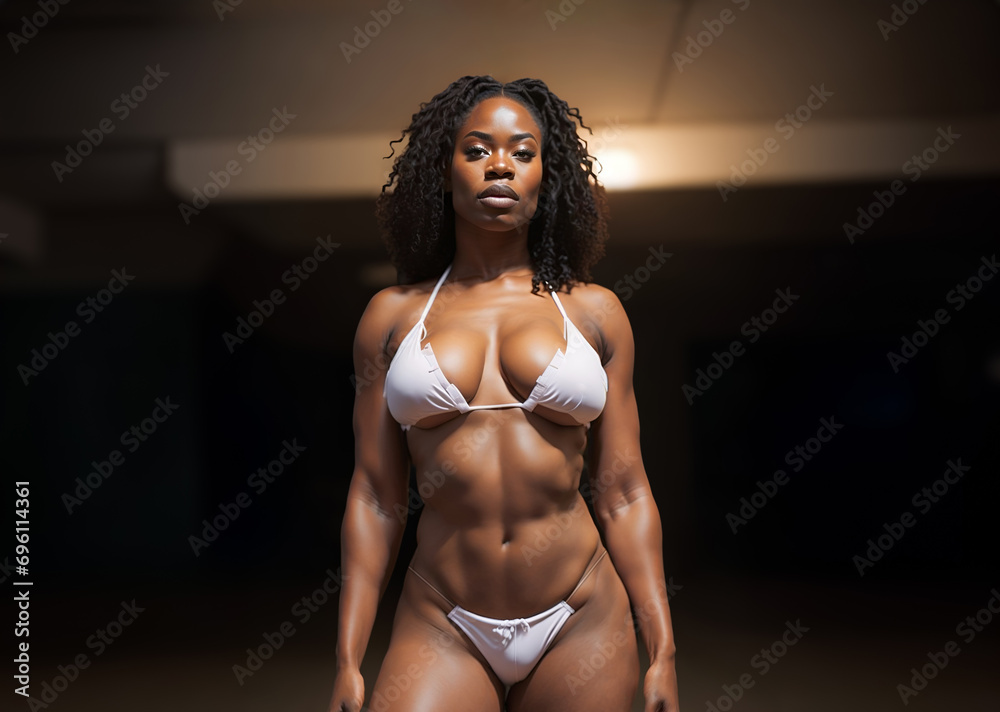 Portrait of a sensual voluptuous african american woman wearing a bikini - obrazy, fototapety, plakaty 