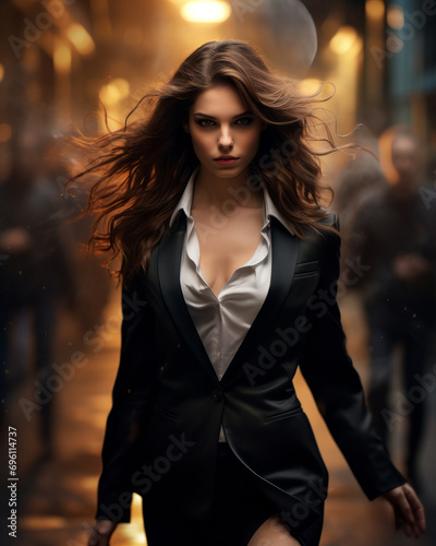 Woman in a business office suit on the street of a big city, AI