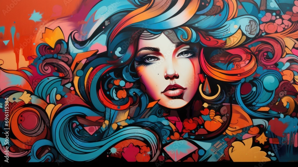 Colorful urban graffiti art of a woman’s face with flowing hair