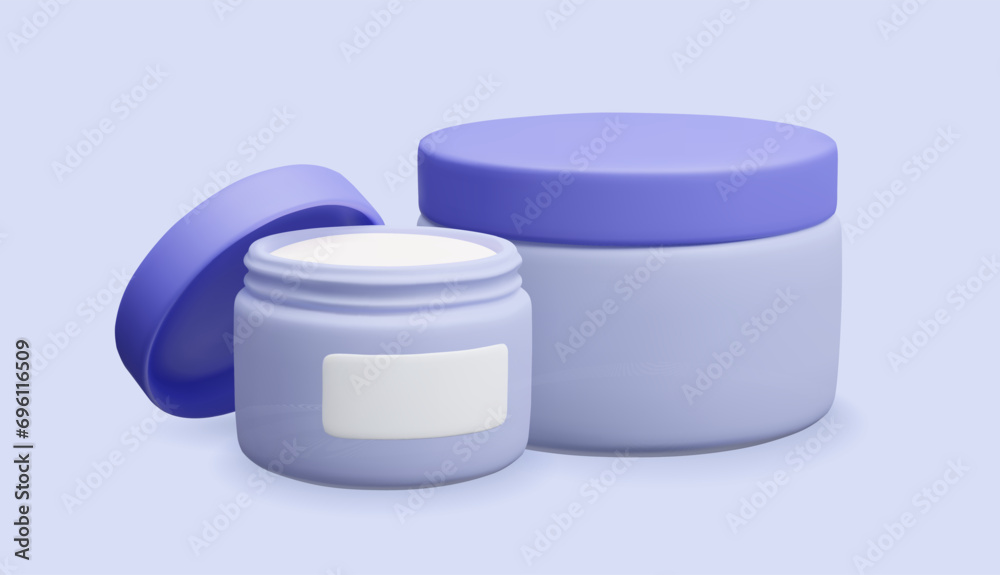 3D moisturizer facial cream bottles blue vector illustration. Cute cartoon style skincare treatment packaging design 3D. Realistic render of facial mask jars with open and closed cap. 3D moisturizer facial cream bottles blue vector illustration. Cute cartoon style skincare treatment packaging design 3D. Realistic render of facial mask jars with open and closed cap.