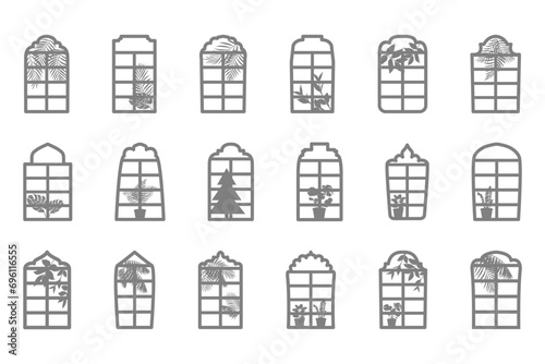 Vertical windows with indoor plants and palm leaves. Silhouettes of window frames with leaves and flowers in a pot. Window icons, interior elements. Vector illustration.