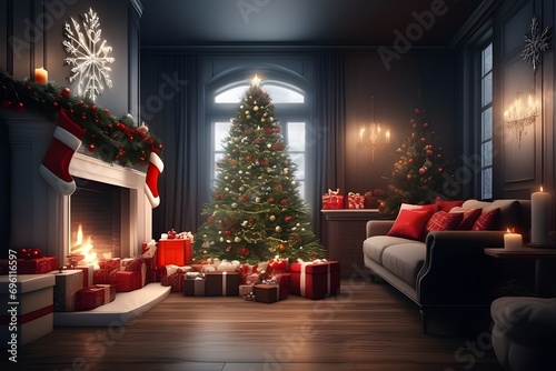 Interior of stylish room with fireplace  Christmas tree and glowing lights