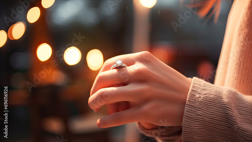 Unseen hands, engagement ring, bokeh background.