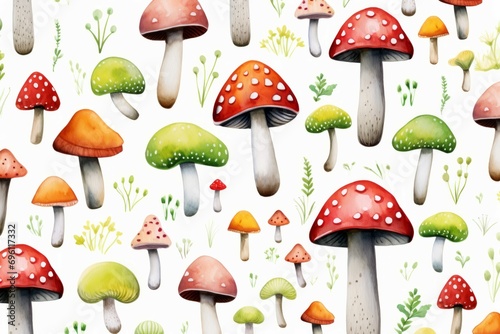 Seamless watercolor pattern of mushrooms. Russula, fly agaric, chanterelles, toadstools and snail. Poison mushroom. Botanical design for textile, packaging, wallpaper.