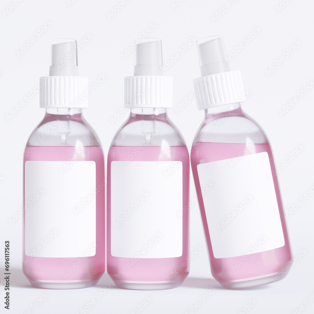Glass bottle cosmetic rendering 3D software illustration with label and white color realistic texture