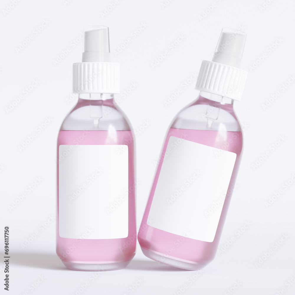 Glass bottle cosmetic rendering 3D software illustration with label and white color realistic texture