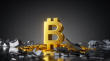 3d render, abstract financial background, gold bitcoin symbol, crypto currency sign