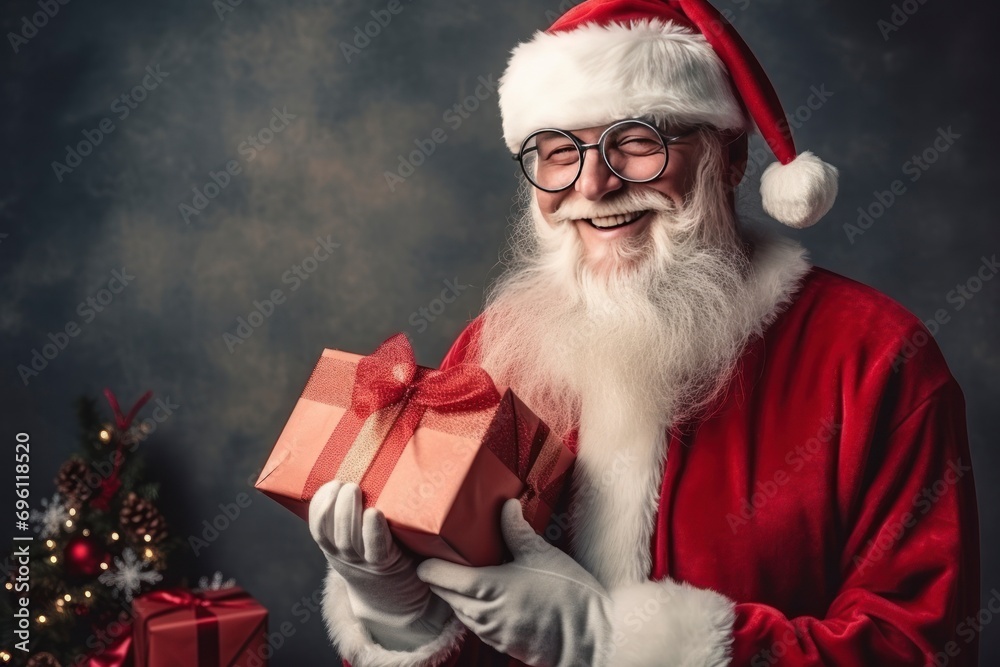 Portrait santa claus smiling with sunglasses and a gift in his hands, copy space with generative ai Portrait santa claus smiling with sunglasses and a gift in his hands, copy space with generative ai