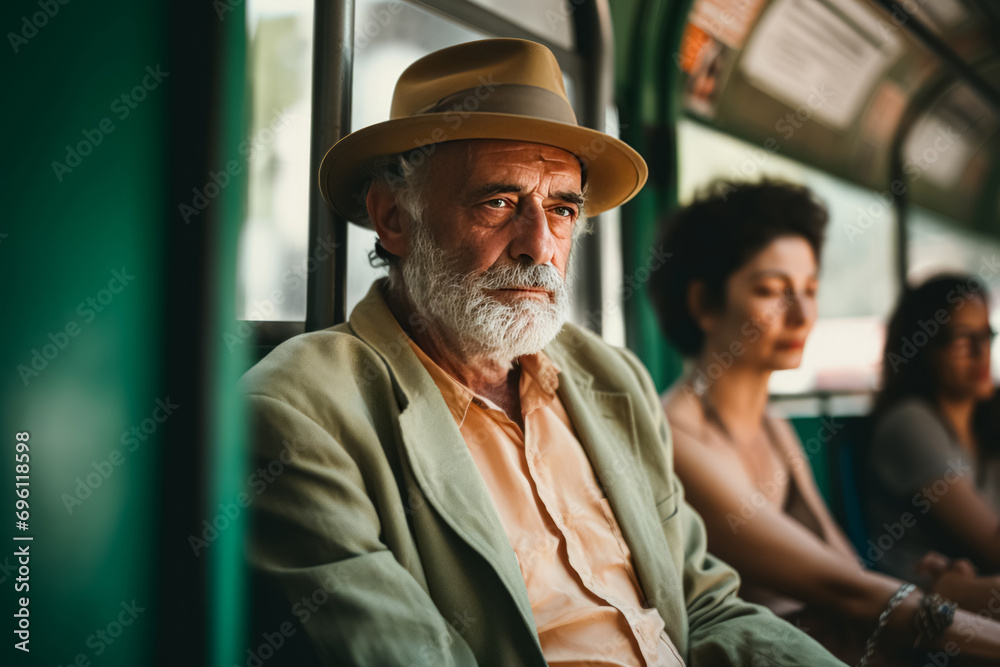 An elderly man with a beard wearing a hat looks contemplative on public transit. An elderly man with a beard wearing a hat looks contemplative on public transit.