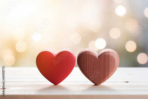 Valentines day background. Two hearts isolated on bokeh light background. High quality photo
