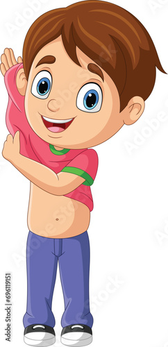 Cartoon little boy putting up clothes