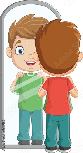 Cartoon little boy looking at the mirror with his outfit