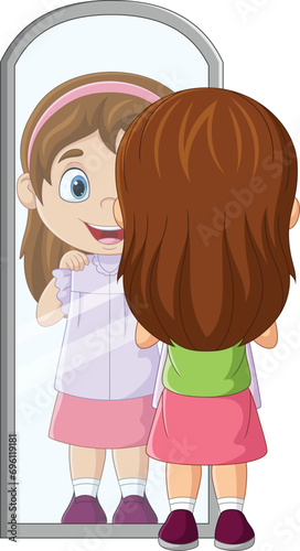 Cartoon little girl looking at the mirror with her outfit