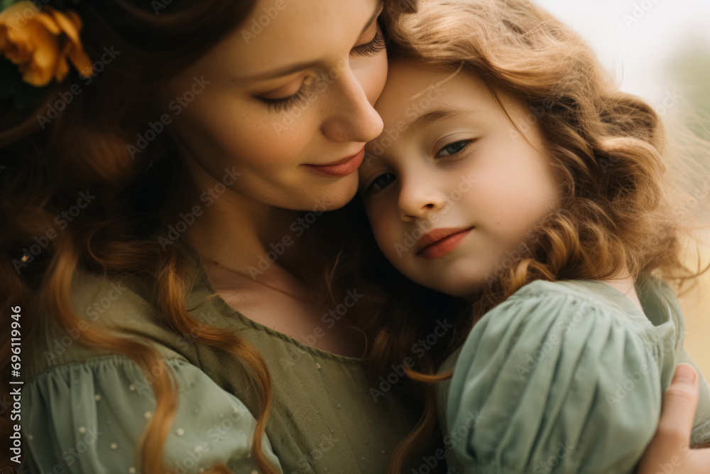 A serene moment between a mother and child, nestled together. The mother's gentle embrace and closed eyes show deep affection, while the child's soft gaze reflects comfort and trust. A serene moment between a mother and child, nestled together. The mother's gentle embrace and closed eyes show deep affection, while the child's soft gaze reflects comfort and trust.