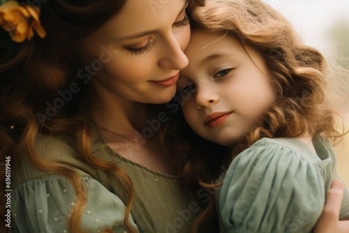 A serene moment between a mother and child, nestled together. The mother's gentle embrace and closed eyes show deep affection, while the child's soft gaze reflects comfort and trust.