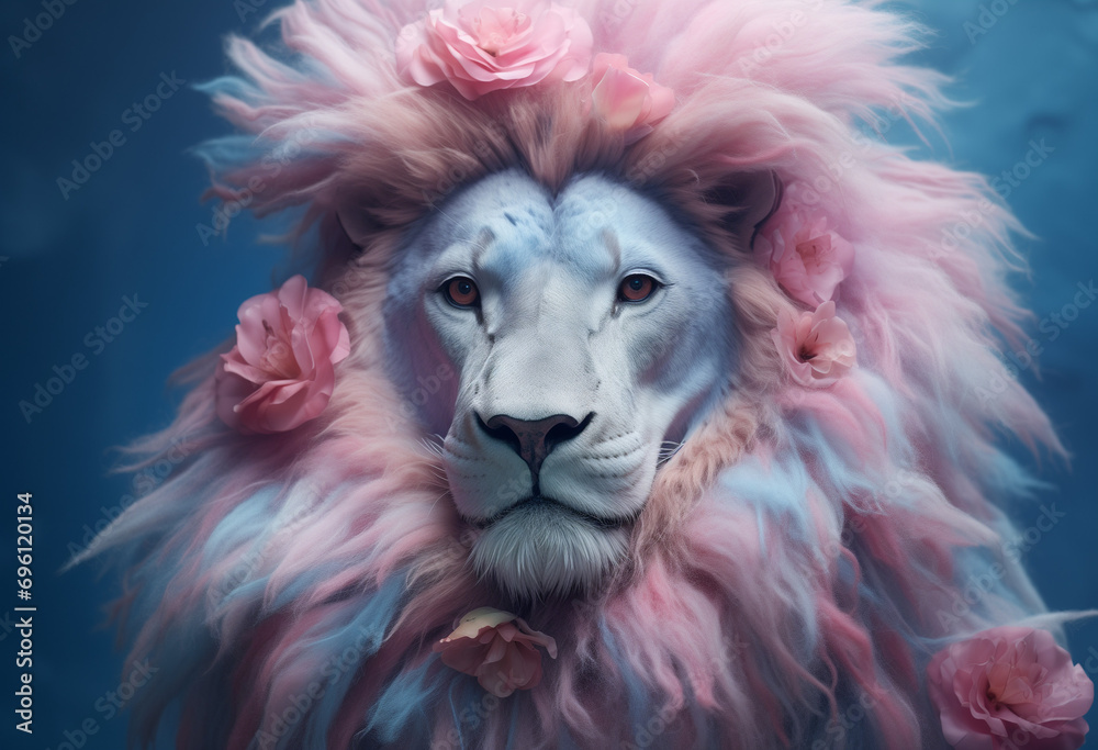 A pastel pink animal king in a blue flower suit. Lion standing and posing, abstract portrait of a wild animal. Pink big hairstyle. Illustration. Generative AI.