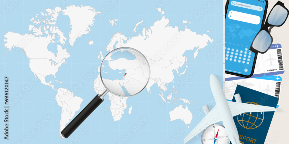 Lebanon is magnified over a World Map, illustration with airplane ...