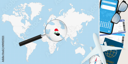 Iraq is magnified over a World Map, illustration with airplane, passport, boarding pass, compass and eyeglasses.