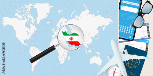 Iran is magnified over a World Map, illustration with airplane, passport, boarding pass, compass and eyeglasses.