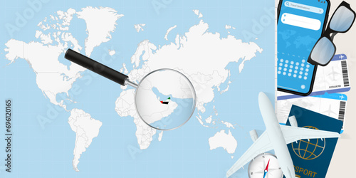 United Arab Emirates is magnified over a World Map, illustration with airplane, passport, boarding pass, compass and eyeglasses.