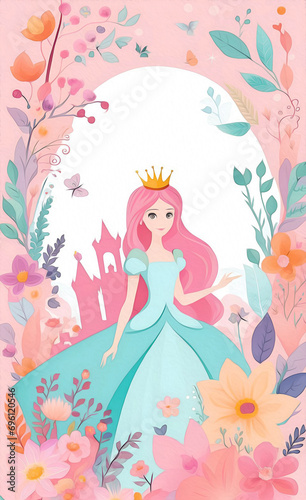 Little princess illustration. Floral frame. Baby Background. Wallpaper for girls. Fairytale princess.