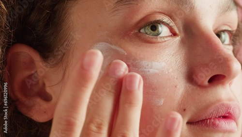 Young woman applying moisturizing cream on her face close-up. Morning skin care routine. Pink background