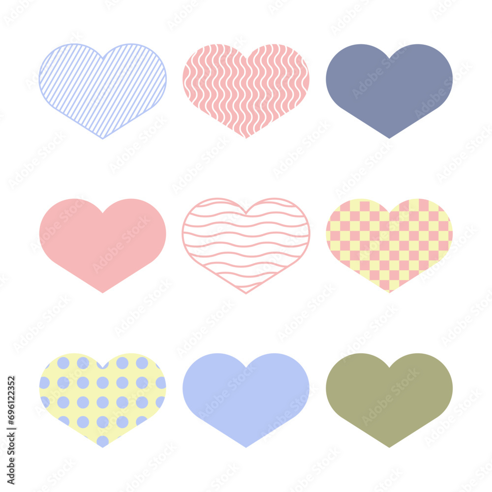 Set of nine hearts. Vector illustration of love symbol on white background.