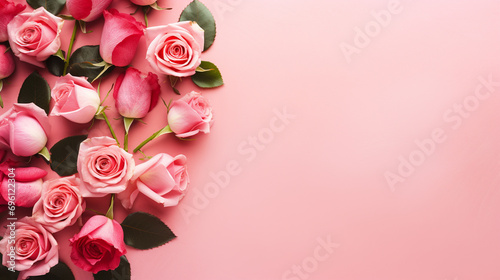 Pink Valentine's Day Roses - on a Pastel Pink Backdrop with Vintage Texture - Overhead Flat Lay View with Copy Space - Romantic and Feminine Color Aesthetics