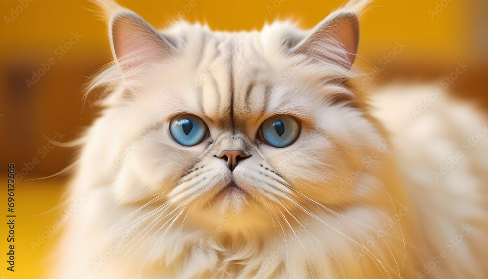 Persian Cat with blue eyes on yellow isolated background  created with generative ai