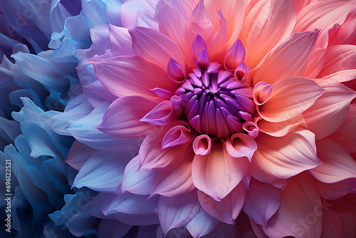 Close-up of a vibrant dahlia flower with gradient colors ranging from pink to purple and blue, suitable for backgrounds or floral themes. #696122521