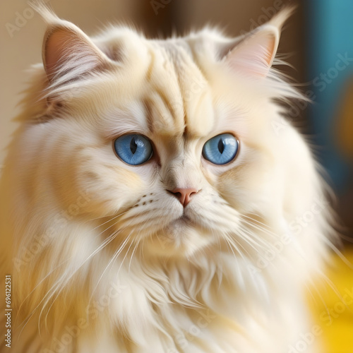Persian Cat with blue eyes on yellow isolated background created with generative ai