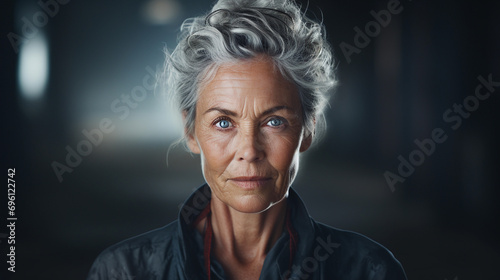 Portrait of a confident mature woman with gray hair looking at the camera, dramatic lighting. photo