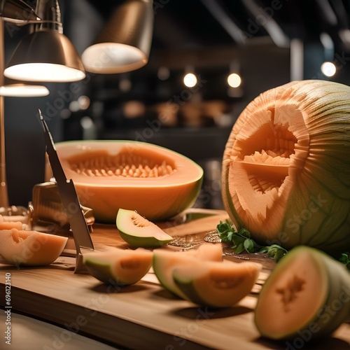 A food carving artist sculpting a detailed sculpture from a melon1 photo