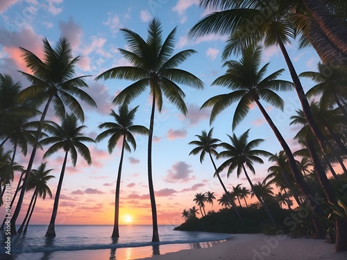 beach, somewhere on the islands near the equator, sea palm trees sand, beautiful sunset in the evening. © A_A88