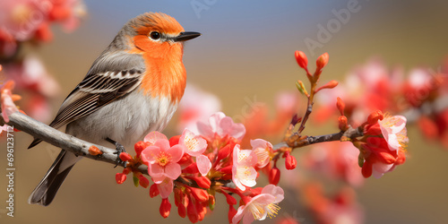 Vermilion flycatcher on branch with flowers, Patagonia Lake State Park, Arizona