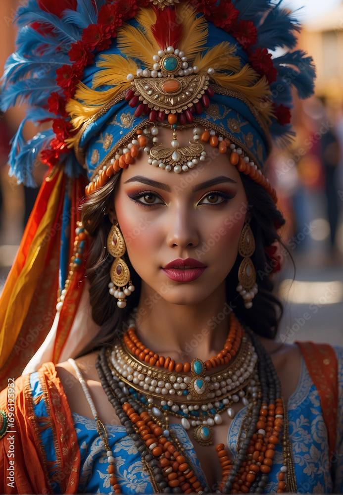 portrait of a beautiful girl, Asian appearance, in national costume with jewelry with precious stones