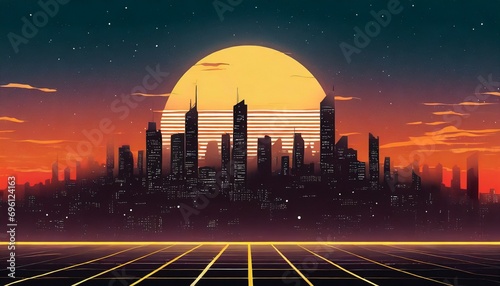 Retro futuristic synthwave retrowave style night cityscape with sunset in the background. Cover or poster template for retro wave music.  photo