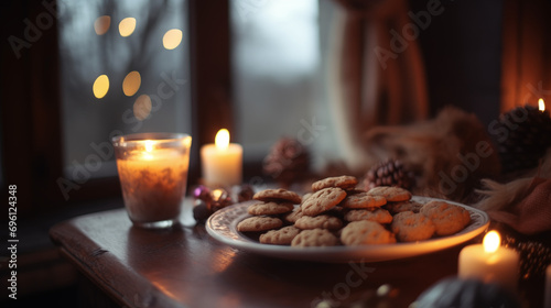 Christmas biscuits at the windowshill with candles, cozy envairoment, winter time