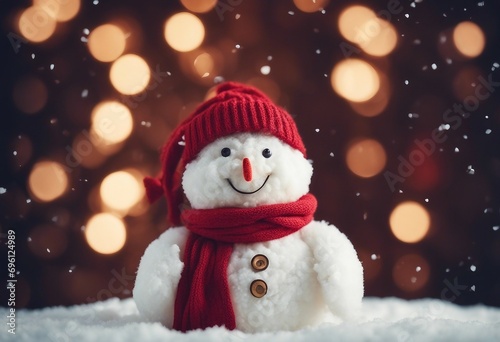 Winter holiday christmas background banner - Closeup of cute funny laughing snowman with wool hat © ArtisticLens