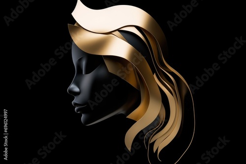 chasing of a gold, white and black portrait of a woman, isolated on a black background. 