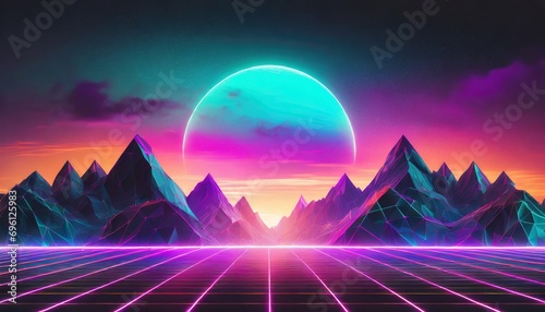 Synthwave retro cyberpunk style landscape background banner or wallpaper.