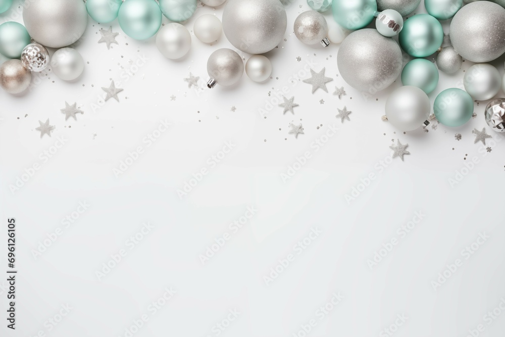 Christmas white background with Christmas silver and mint baubles and stars. New Year and holiday concept. Winter celebration. Christmas white background with Christmas silver and mint baubles and stars. New Year and holiday concept. Winter celebration.