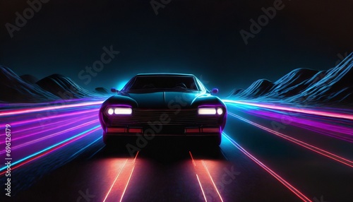 Retro futuristic 80s design. Car on a road, metaverse cyberpunk 